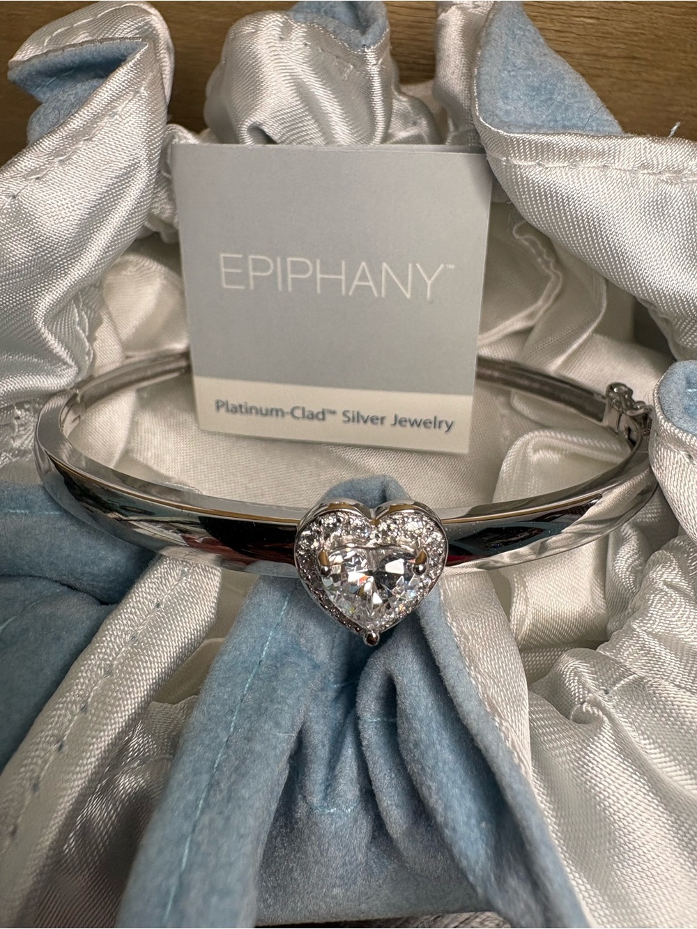 Epiphany Platinum-Clad Silver 925 Heart CZ Crystal Bangle Bracelet - new in box